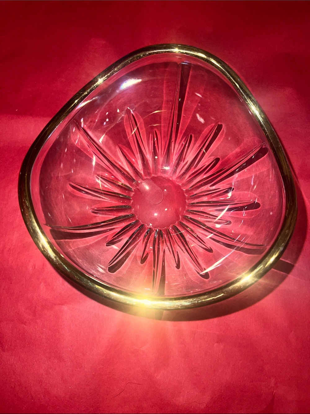 Vintage Crystal Bowl Gold Trim Triangle Candy Dish Starburst 6" Decorative Bowl